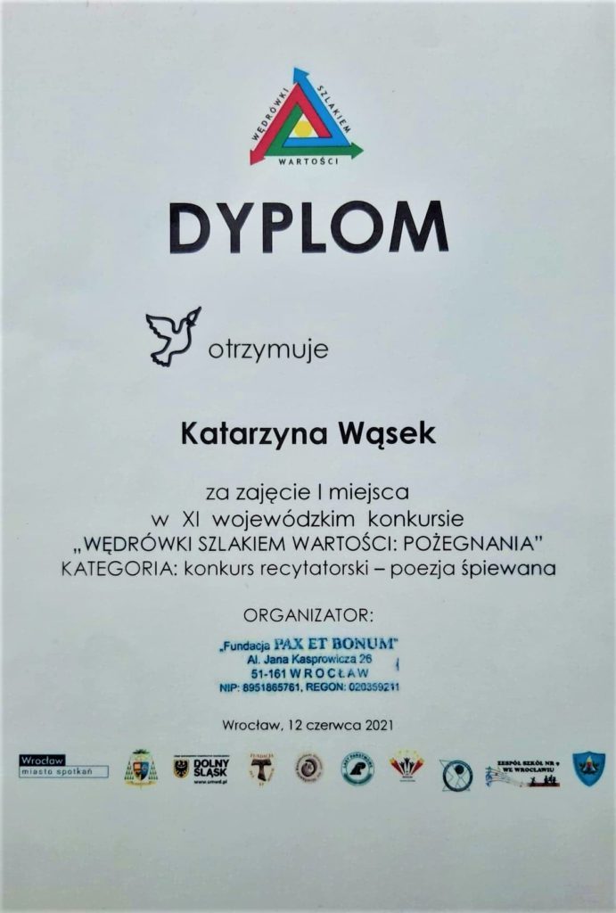 Duży sukces Kasi Wąsek w konkursie „Wędrówki Szlakiem Wartości”.